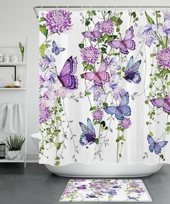 Purple Flowers and Butterfly Shower Curtain with Green Leaves for Spring