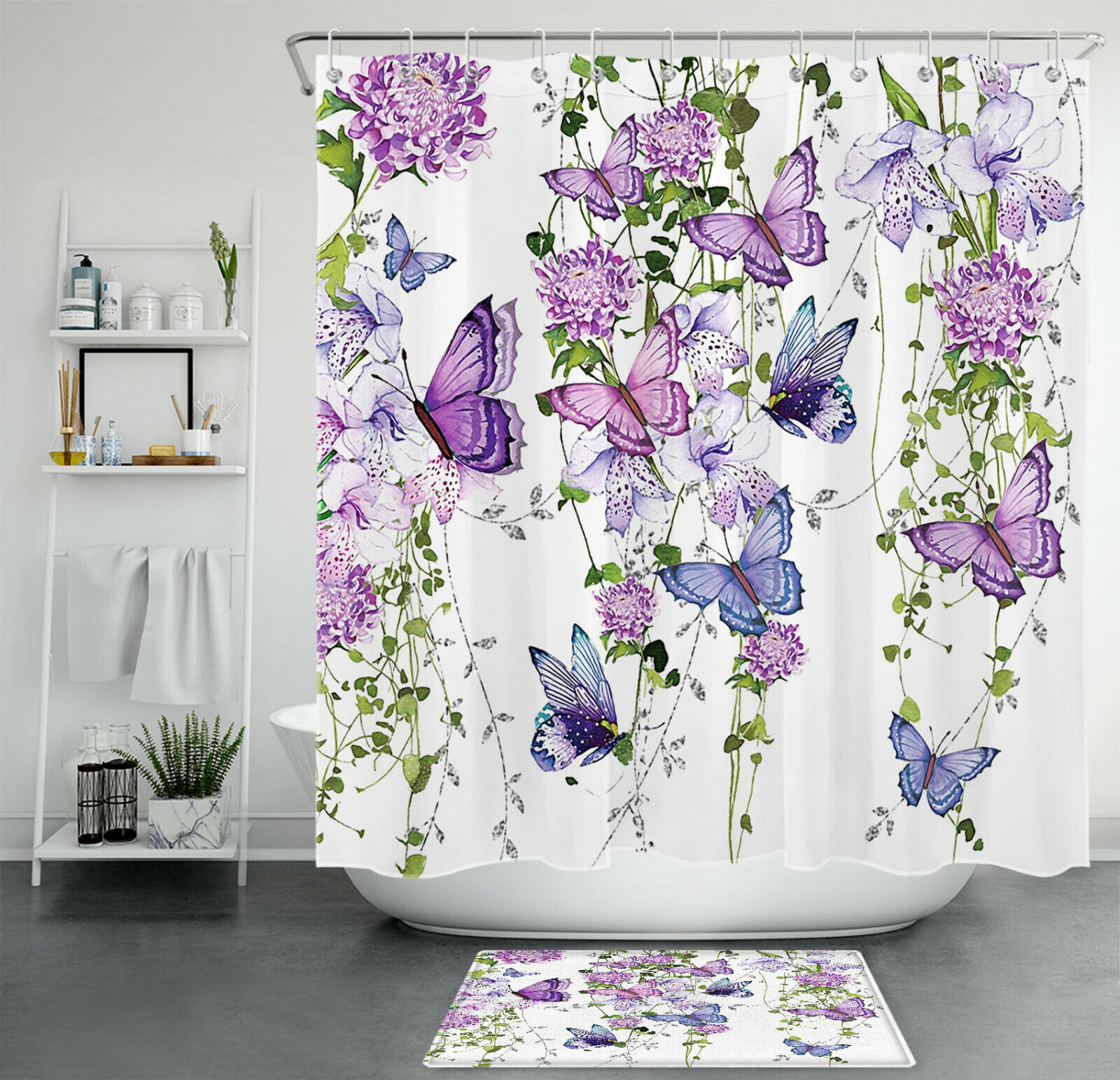 Purple Flowers and Butterfly Shower Curtain with Green Leaves for Spring