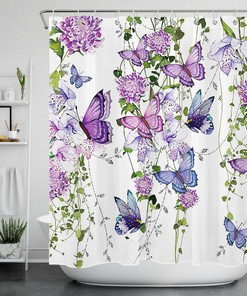 Purple Flowers and Butterfly Shower Curtain with Green Leaves for Spring