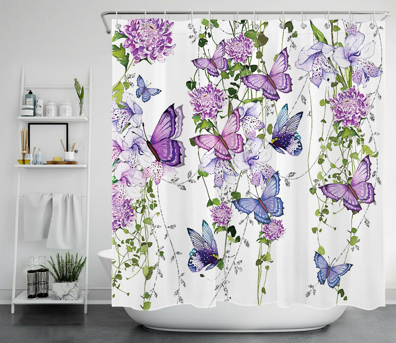 Purple Flowers and Butterfly Shower Curtain with Green Leaves for Spring