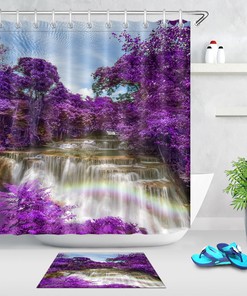 Purple Forest Waterfall Rainbow Waterproof Fabric Shower Curtain for Bathroom