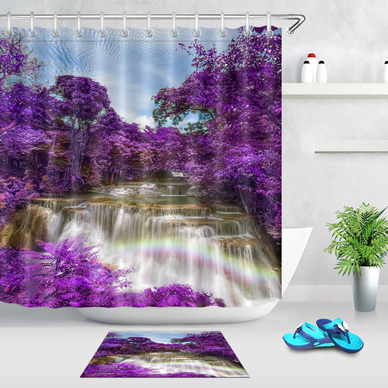 Purple Forest Waterfall Rainbow Waterproof Fabric Shower Curtain for Bathroom