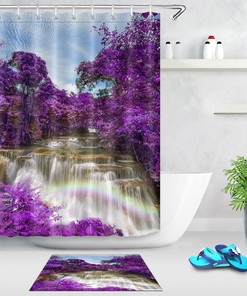 Purple Forest Waterfall Rainbow Waterproof Fabric Shower Curtain for Bathroom
