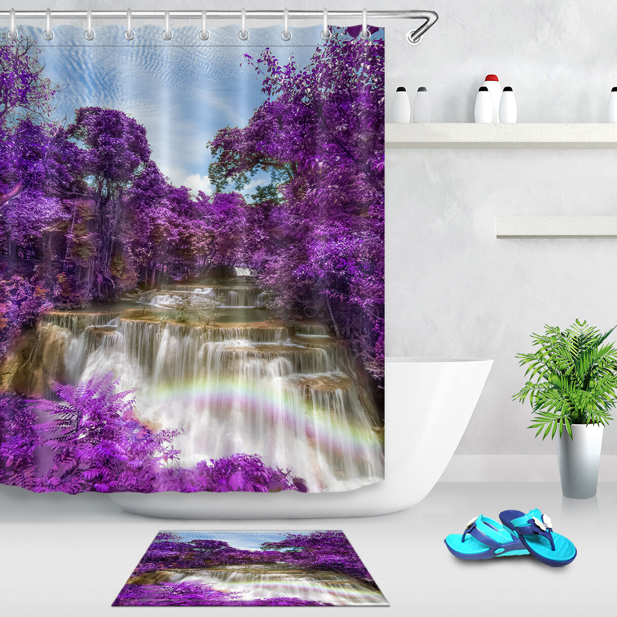 Purple Forest Waterfall Rainbow Waterproof Fabric Shower Curtain for Bathroom