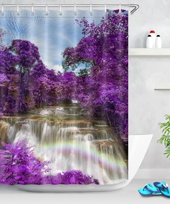 Purple Forest Waterfall Rainbow Waterproof Fabric Shower Curtain for Bathroom