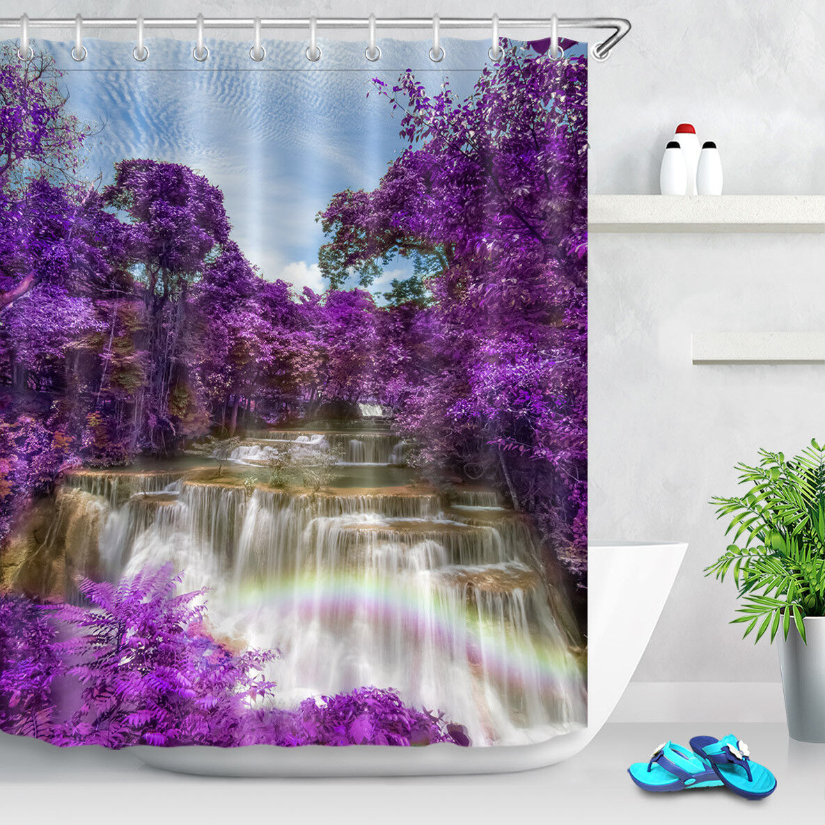 Purple Forest Waterfall Rainbow Waterproof Fabric Shower Curtain for Bathroom