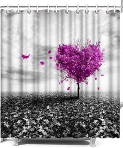 Purple Heart Tree Shower Curtain With Black And White Print Bathroom Decor,