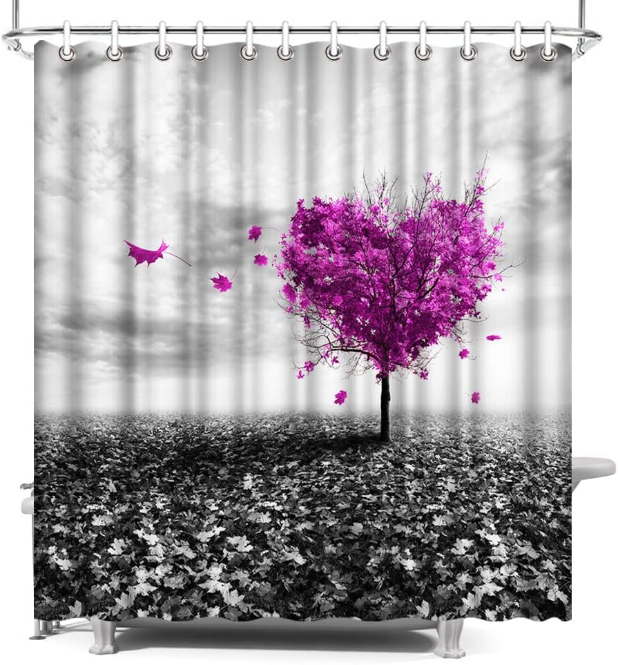 Purple Heart Tree Shower Curtain With Black And White Print Bathroom Decor,