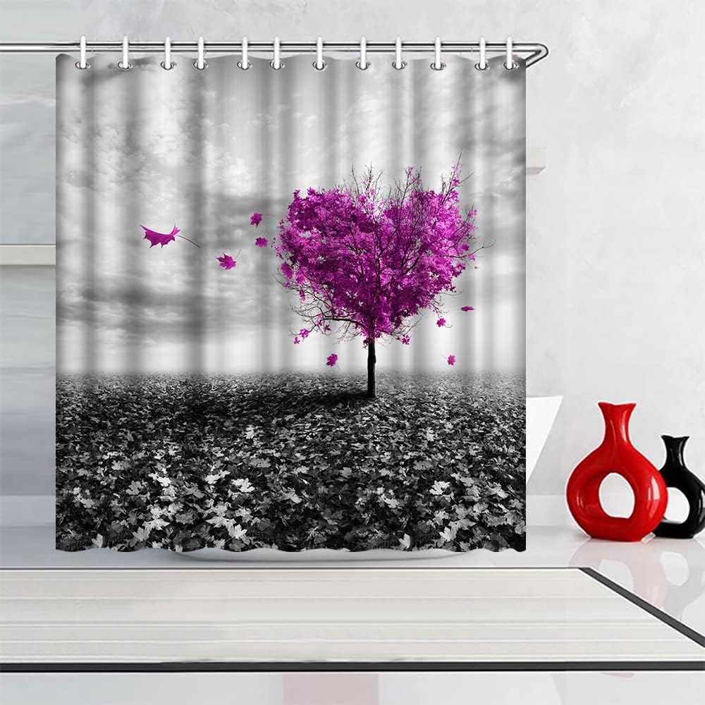 Purple Heart Tree Shower Curtain With Black And White Print Bathroom Decor, - Image 2