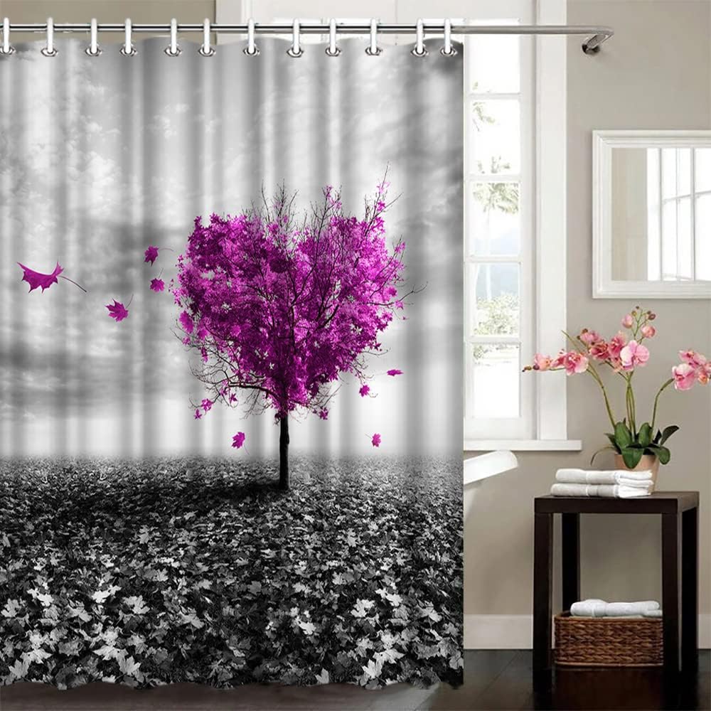 Purple Heart Tree Shower Curtain With Black And White Print Bathroom Decor, - Image 3