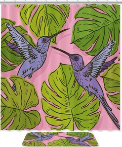 Purple Hummingbird And Green Monstera Leaves Shower Curtain For Your Tropical Bathroom 