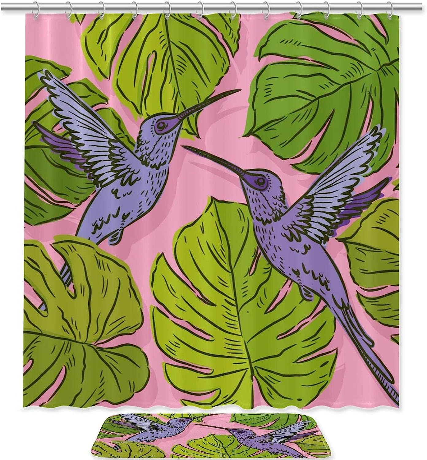 Purple Hummingbird And Green Monstera Leaves Shower Curtain For Your Tropical Bathroom