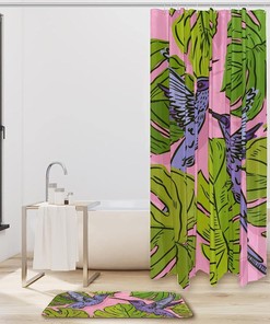 Purple Hummingbird And Green Monstera Leaves Shower Curtain For Your Tropical Bathroom