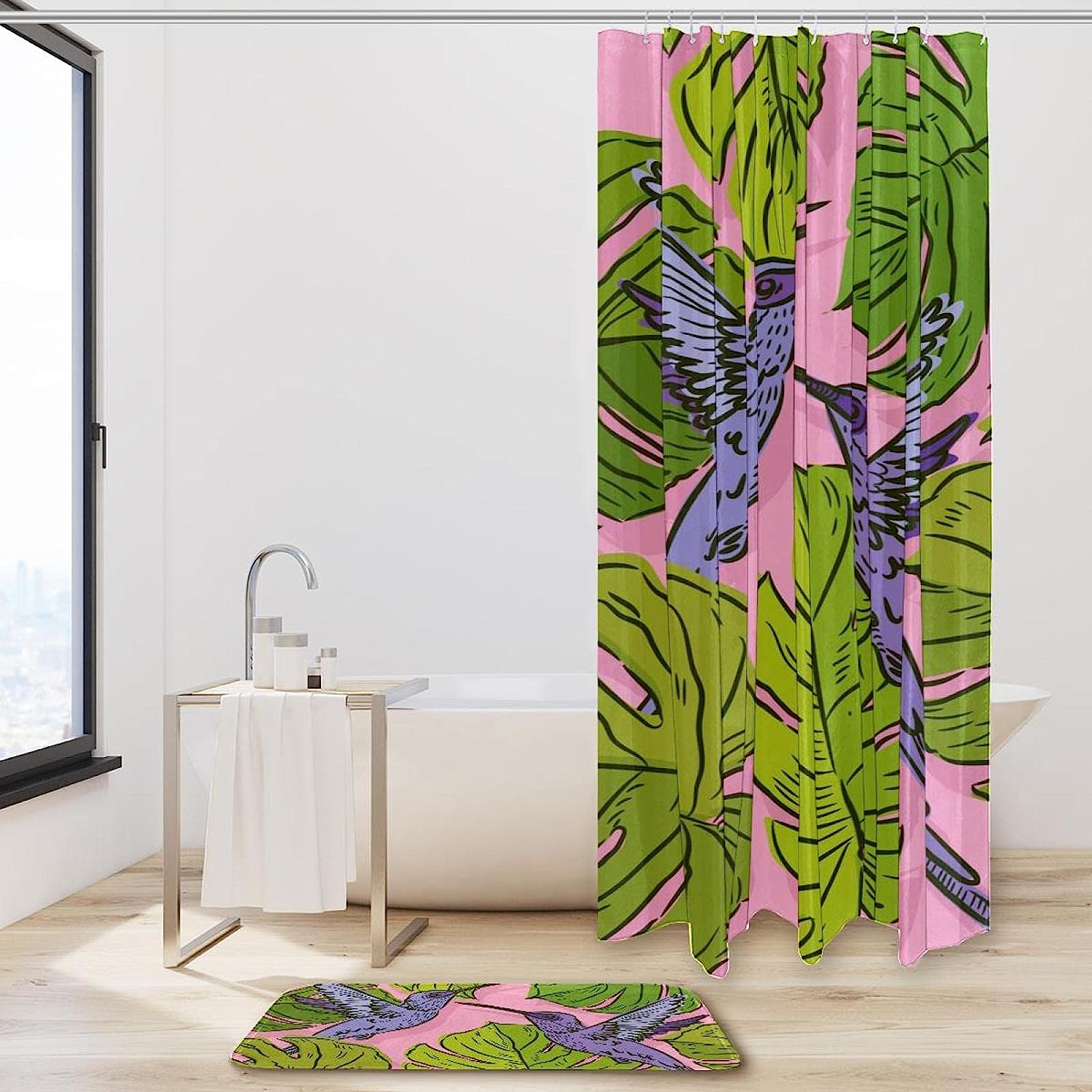 Purple Hummingbird And Green Monstera Leaves Shower Curtain For Your Tropical Bathroom