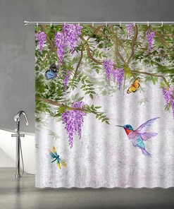 Purple Hummingbird and Butterfly Shower Curtain with Spring Garden Elements for Bathroom Decor
