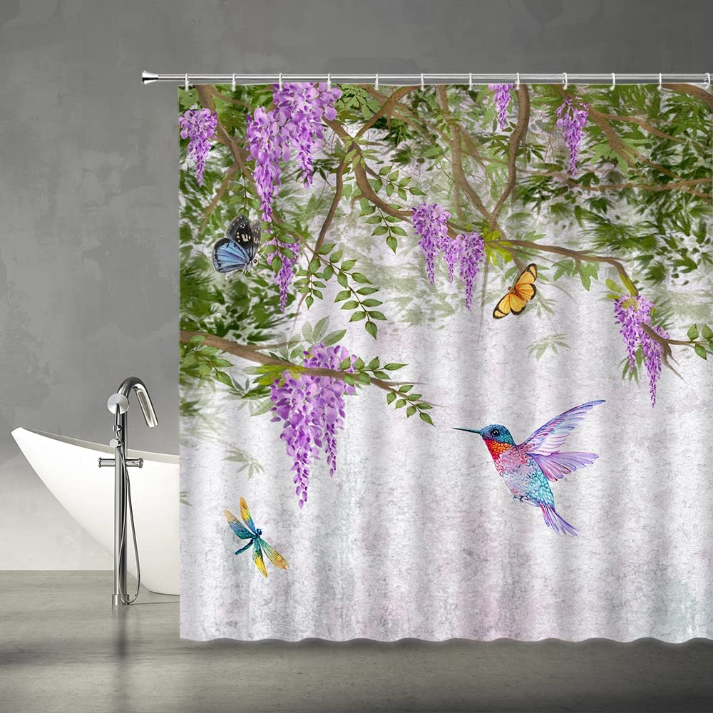 Purple Hummingbird and Butterfly Shower Curtain with Spring Garden Elements for Bathroom Decor