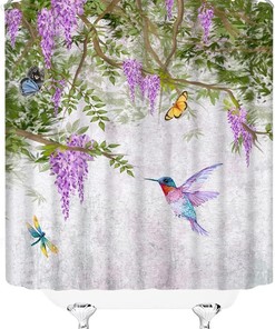 Purple Hummingbird and Butterfly Shower Curtain with Spring Garden Elements for Bathroom Decor