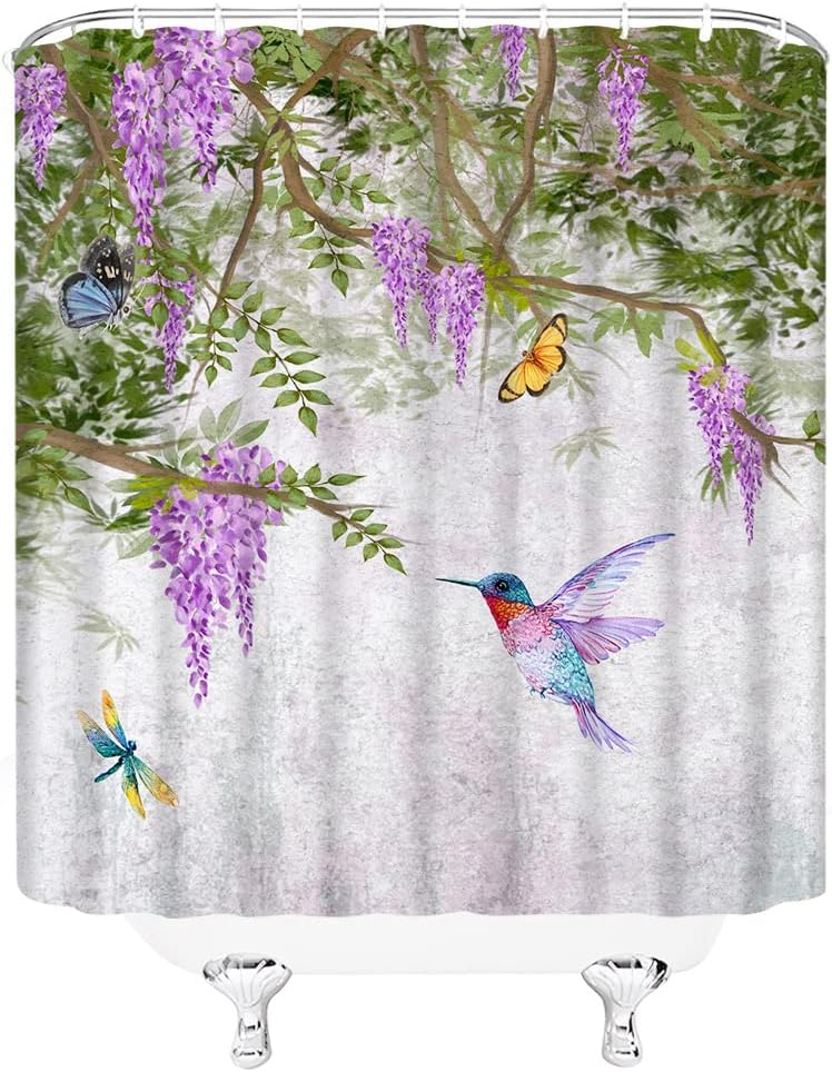 Purple Hummingbird and Butterfly Shower Curtain with Spring Garden Elements for Bathroom Decor