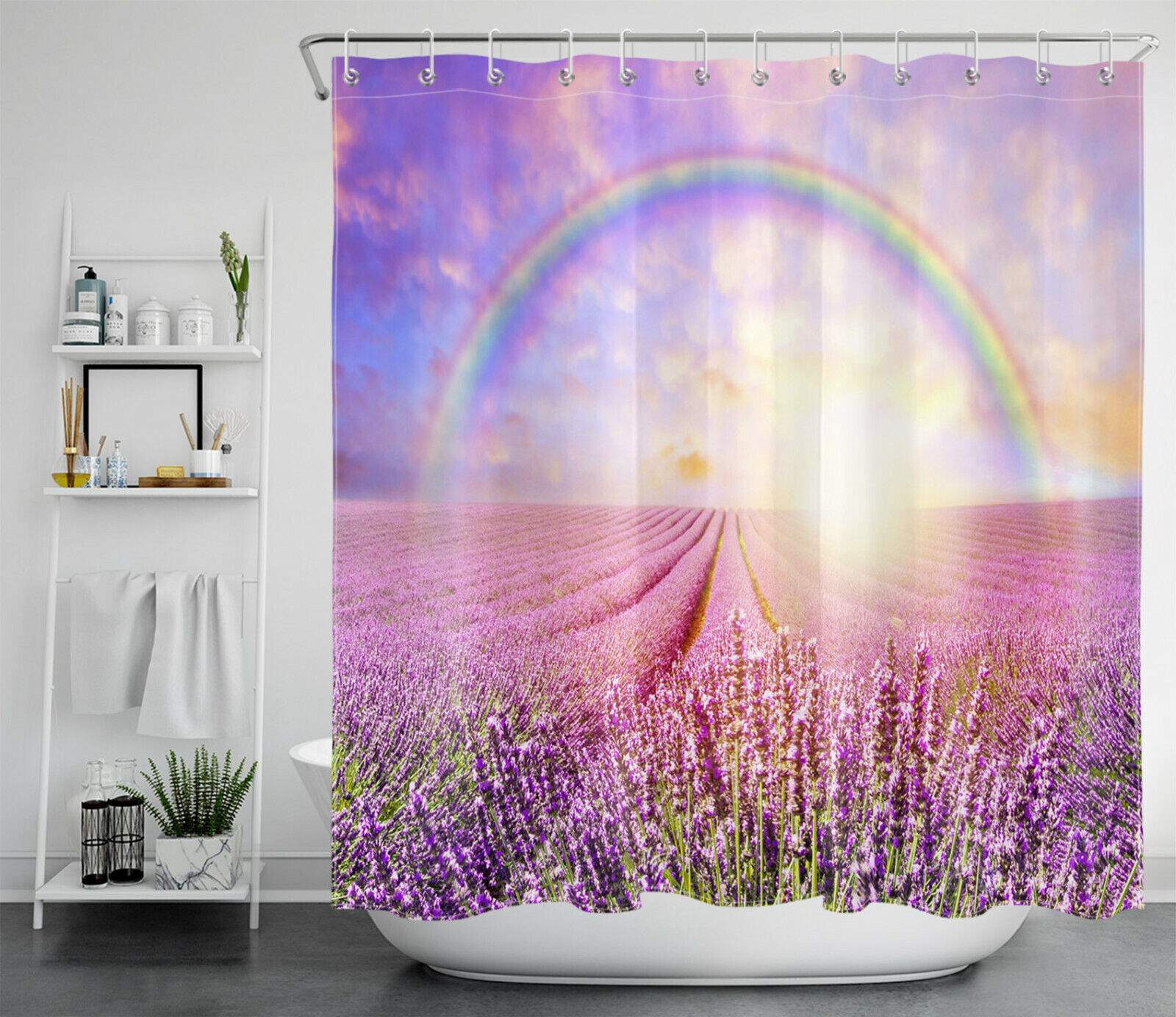 Purple Lavender Field Sunrise Scenic Shower Curtain: Beautiful And Relaxing Bath Accessory - Image 2