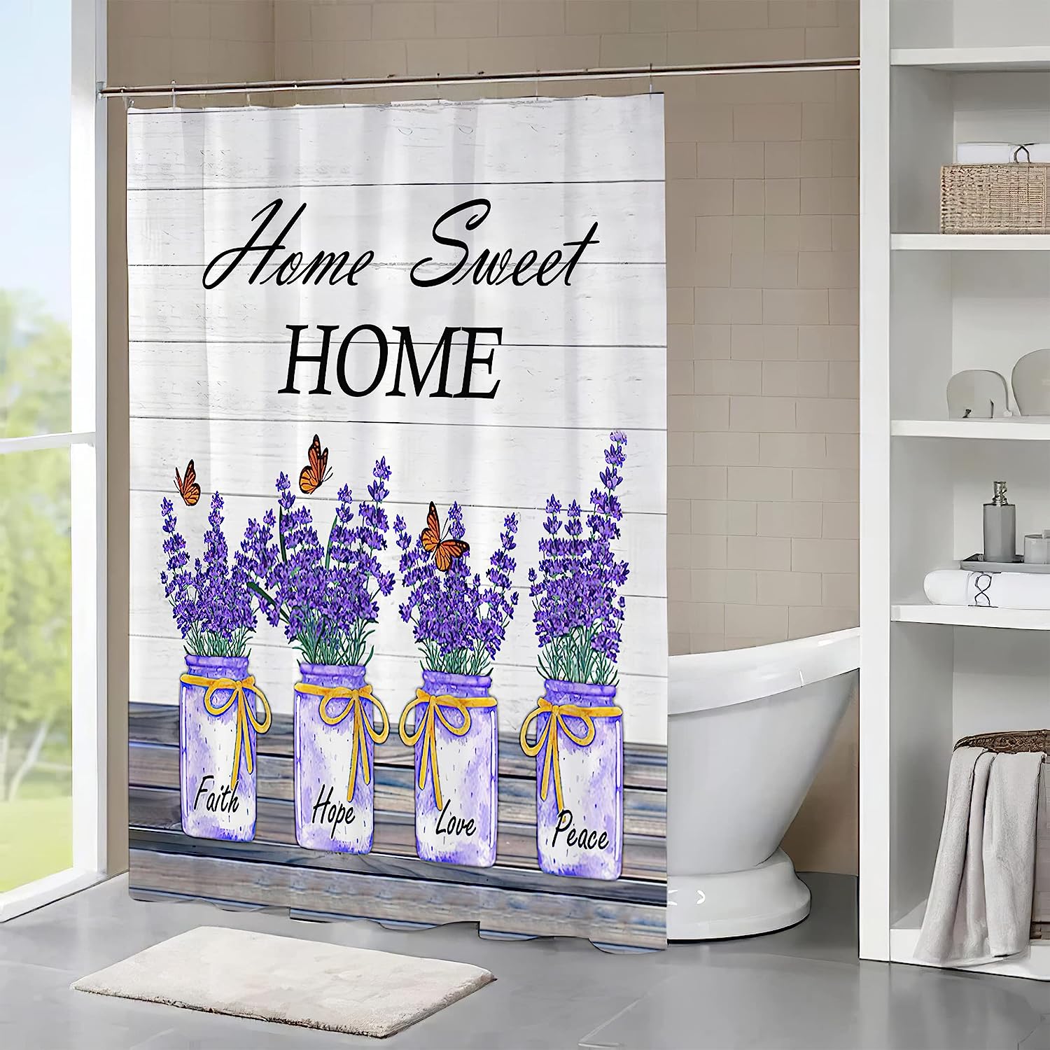 Purple Lavender Rustic Floral Farmhouse Remzoke Shower Curtain for Bathroom Decor