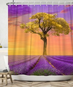 Purple Lavender Shower Curtain with Watercolor Field Summer Sunset Print