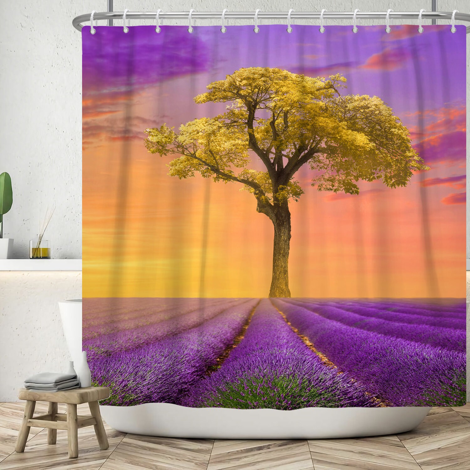 Purple Lavender Shower Curtain with Watercolor Field Summer Sunset Print