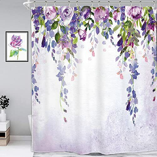 Purple Lavender Wisteria Watercolor Shower Curtain For Bathroom, Waterproof Fabric