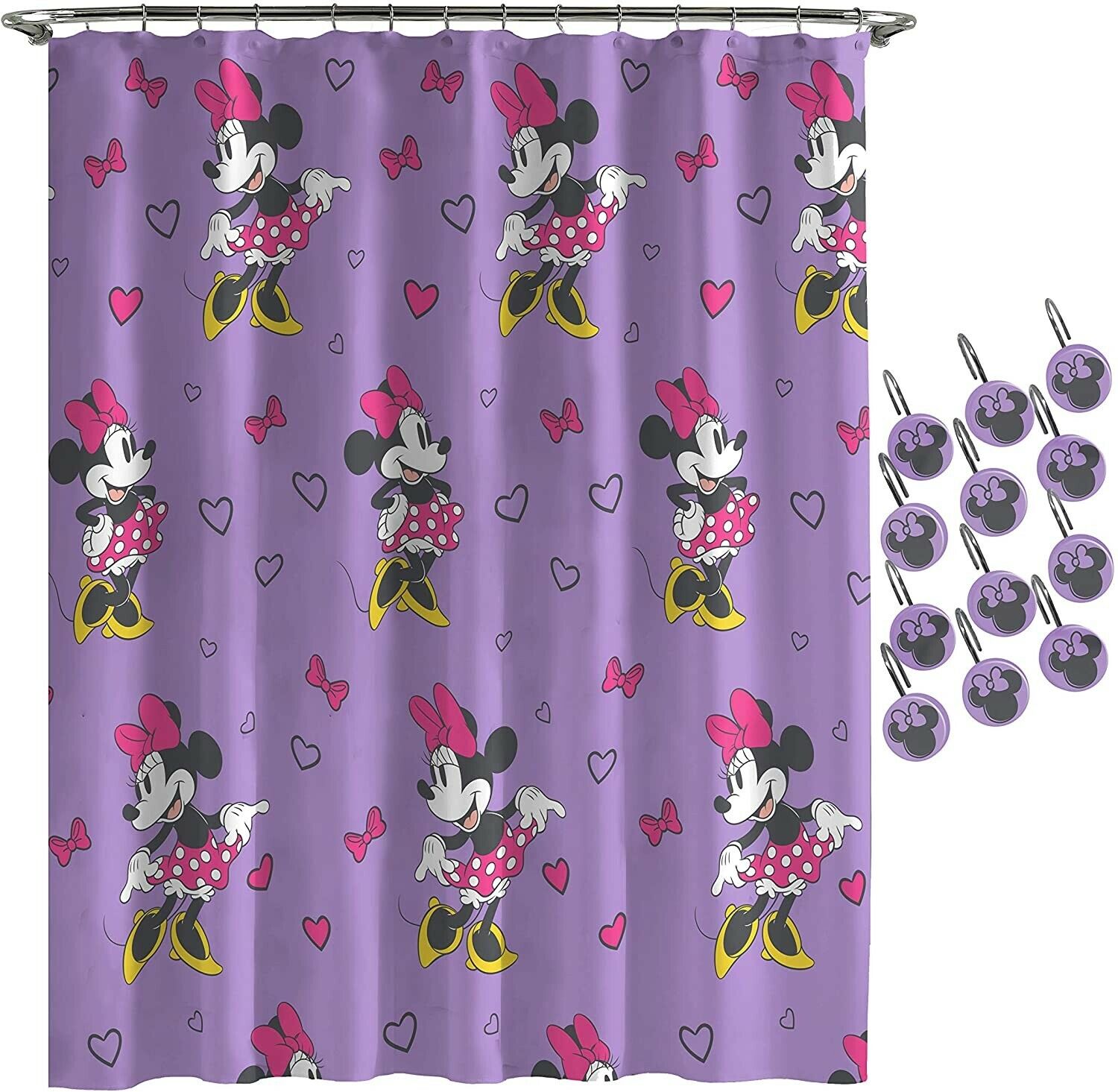 Purple Love Shower Curtain with Minnie Mouse Print for Disney Fan Bathroom