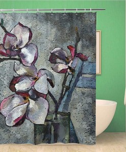 Purple Magnolia Flowers On Canvases Shower Curtain With Oil Painting Still Life