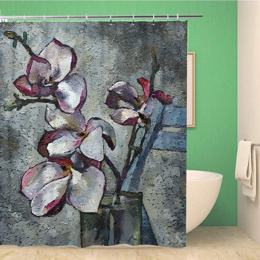 Purple Magnolia Flowers On Canvases Shower Curtain With Oil Painting Still Life