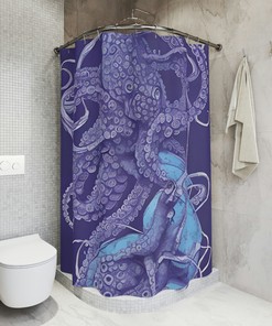 Purple Octopus Shower Curtain Print with Modern Outer Space Art Design