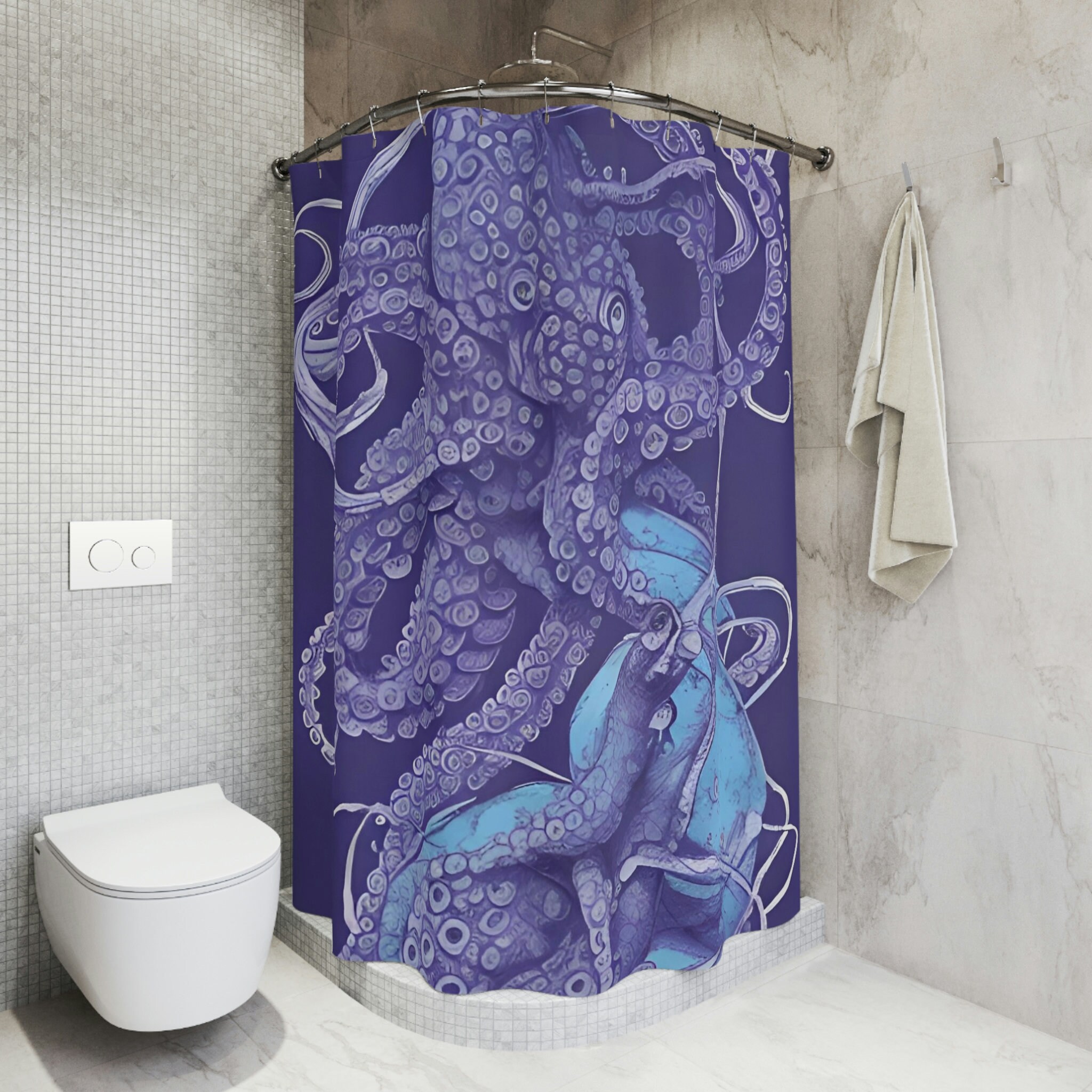 Purple Octopus Shower Curtain Print with Modern Outer Space Art Design