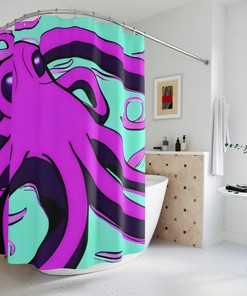 Purple Octopus Waterproof Fabric Shower Curtain with Modern AI Art Design
