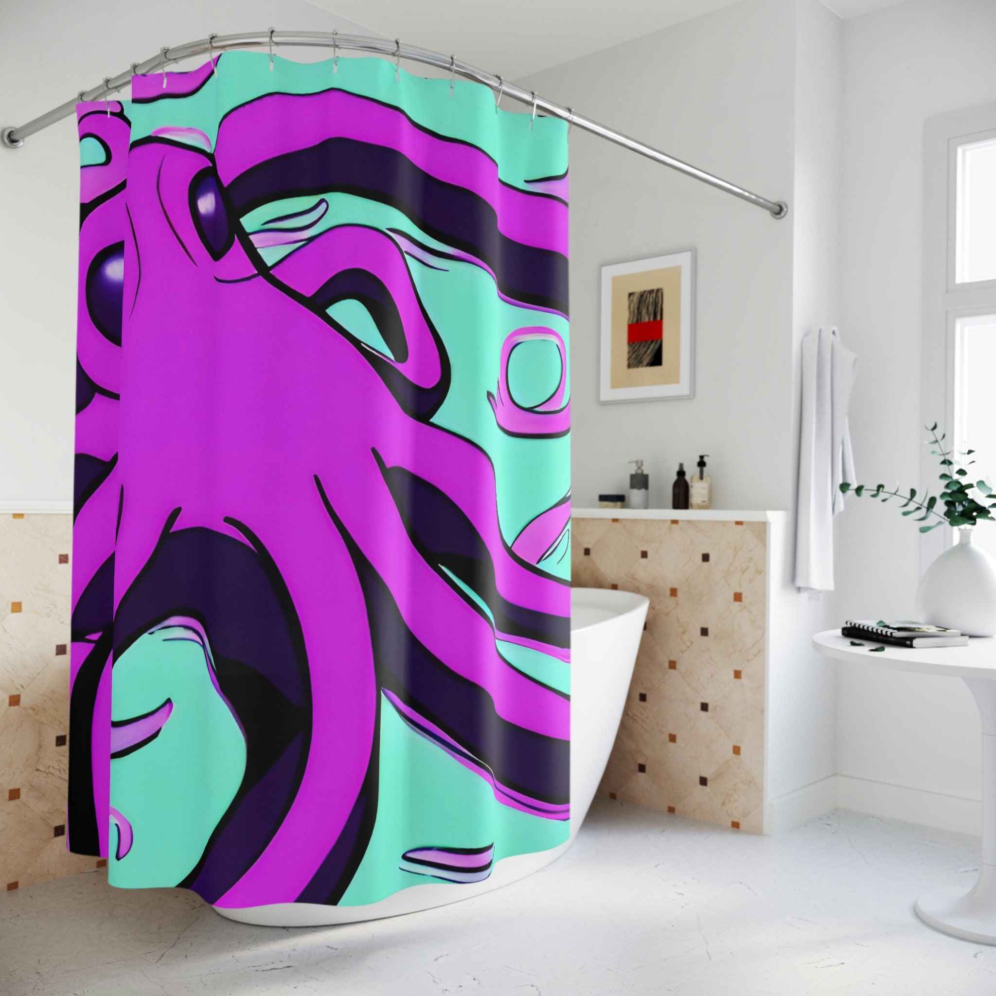 Purple Octopus Waterproof Fabric Shower Curtain with Modern AI Art Design