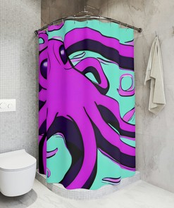 Purple Octopus Waterproof Fabric Shower Curtain with Modern AI Art Design