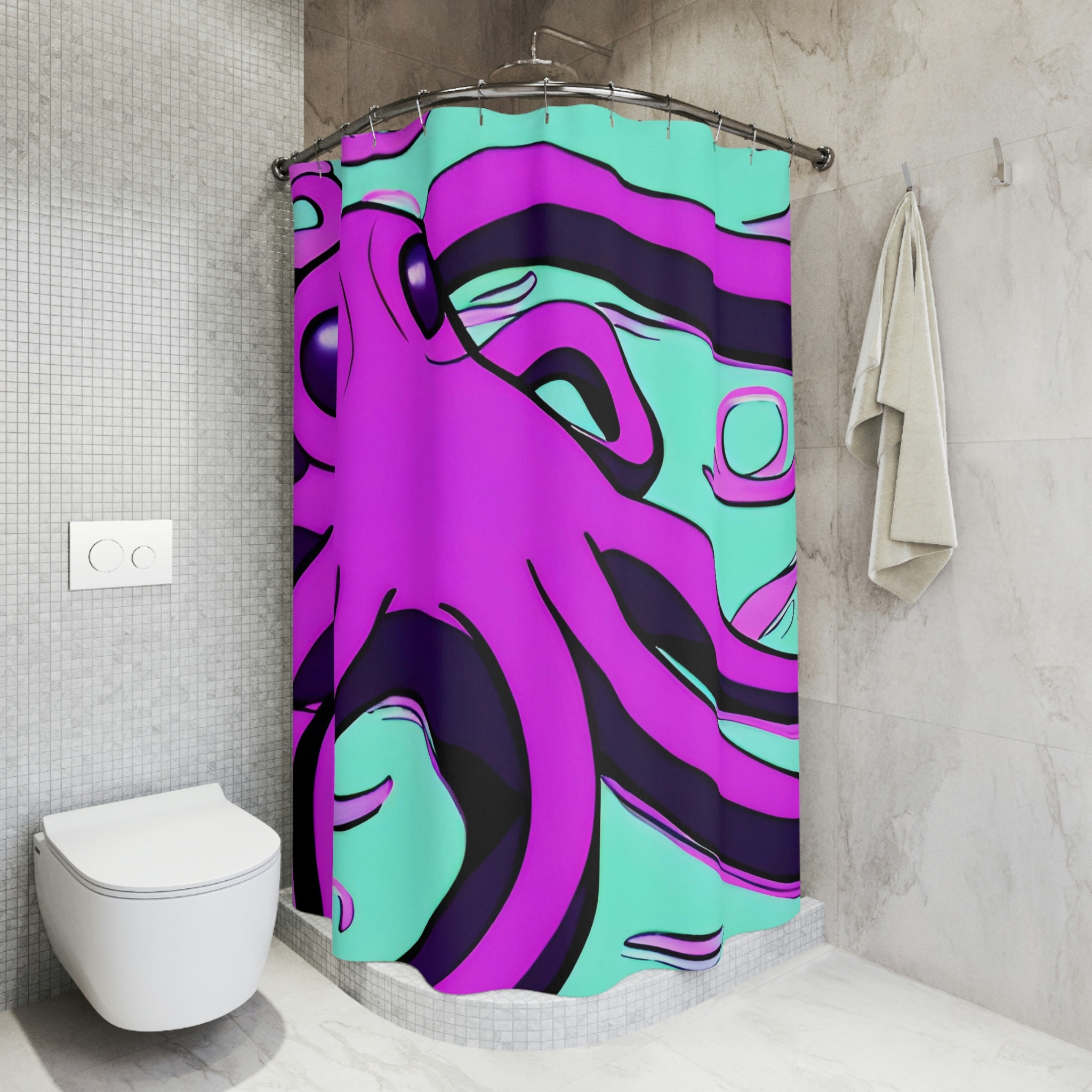 Purple Octopus Waterproof Fabric Shower Curtain with Modern AI Art Design