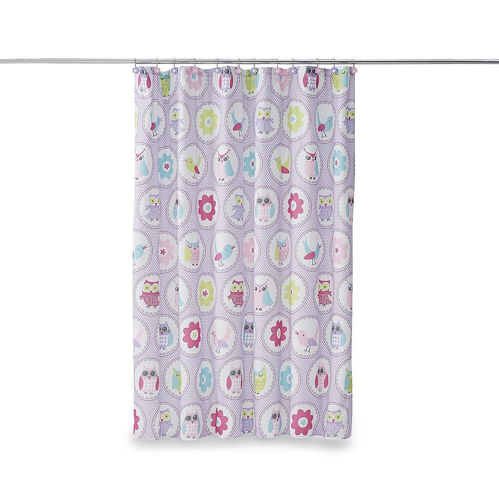 Purple Owl Flower Fabric Kids Bathroom Shower Curtain with Matching Hooks