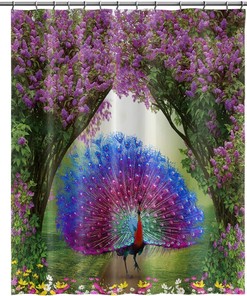 Purple Peafowl Feathers Shower Curtain with Peacock and Fantasy Forest for Enchanting Bathroom Decor