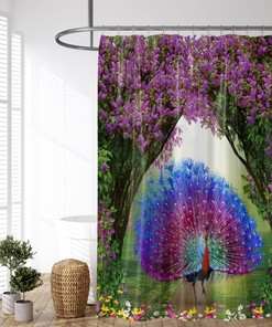 Purple Peafowl Feathers Shower Curtain with Peacock and Fantasy Forest for Enchanting Bathroom Decor