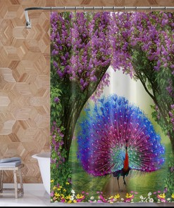 Purple Peafowl Feathers Shower Curtain with Peacock and Fantasy Forest for Enchanting Bathroom Decor