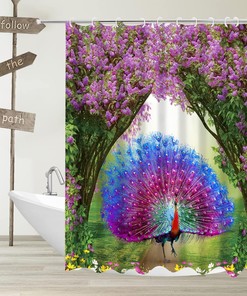 Purple Peafowl Feathers Shower Curtain with Peacock and Fantasy Forest for Enchanting Bathroom Decor