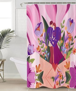 Purple Pink Summer Flowers Botanical Love Hearts Polyester Fabric Shower Curtain
