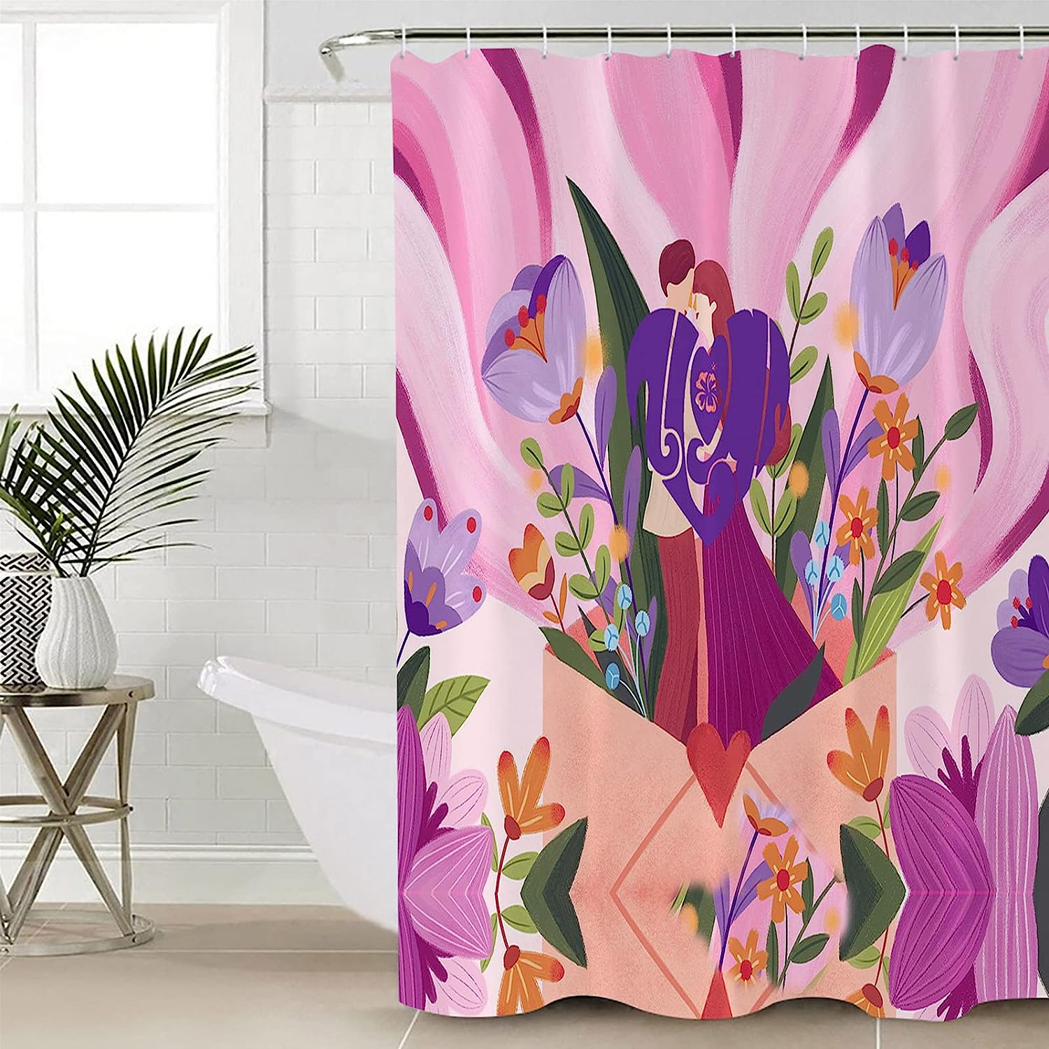 Purple Pink Summer Flowers Botanical Love Hearts Polyester Fabric Shower Curtain