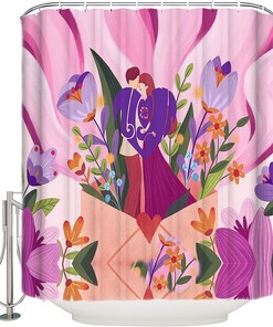 Purple Pink Summer Flowers Botanical Love Hearts Polyester Fabric Shower Curtain