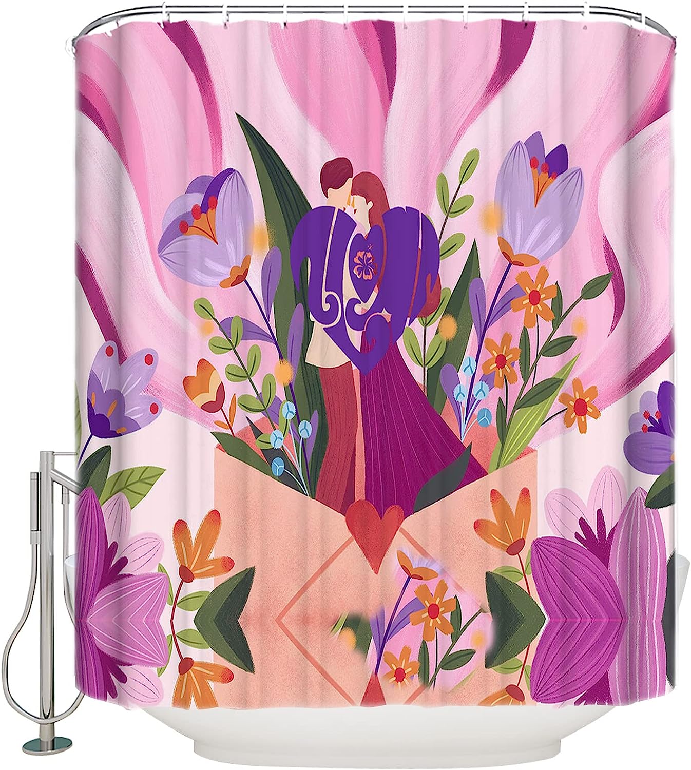 Purple Pink Summer Flowers Botanical Love Hearts Polyester Fabric Shower Curtain