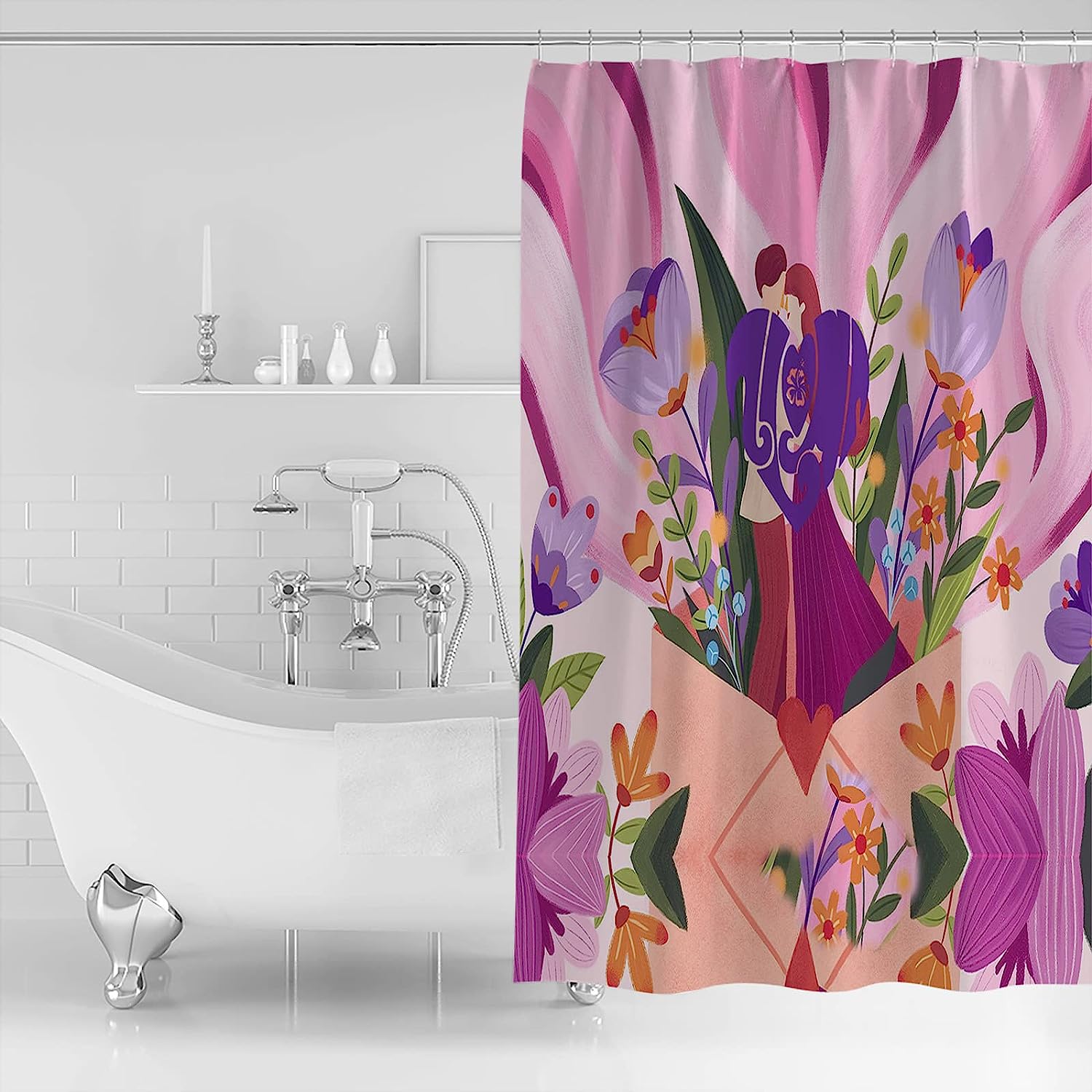 Purple Pink Summer Flowers Botanical Love Hearts Polyester Fabric Shower Curtain