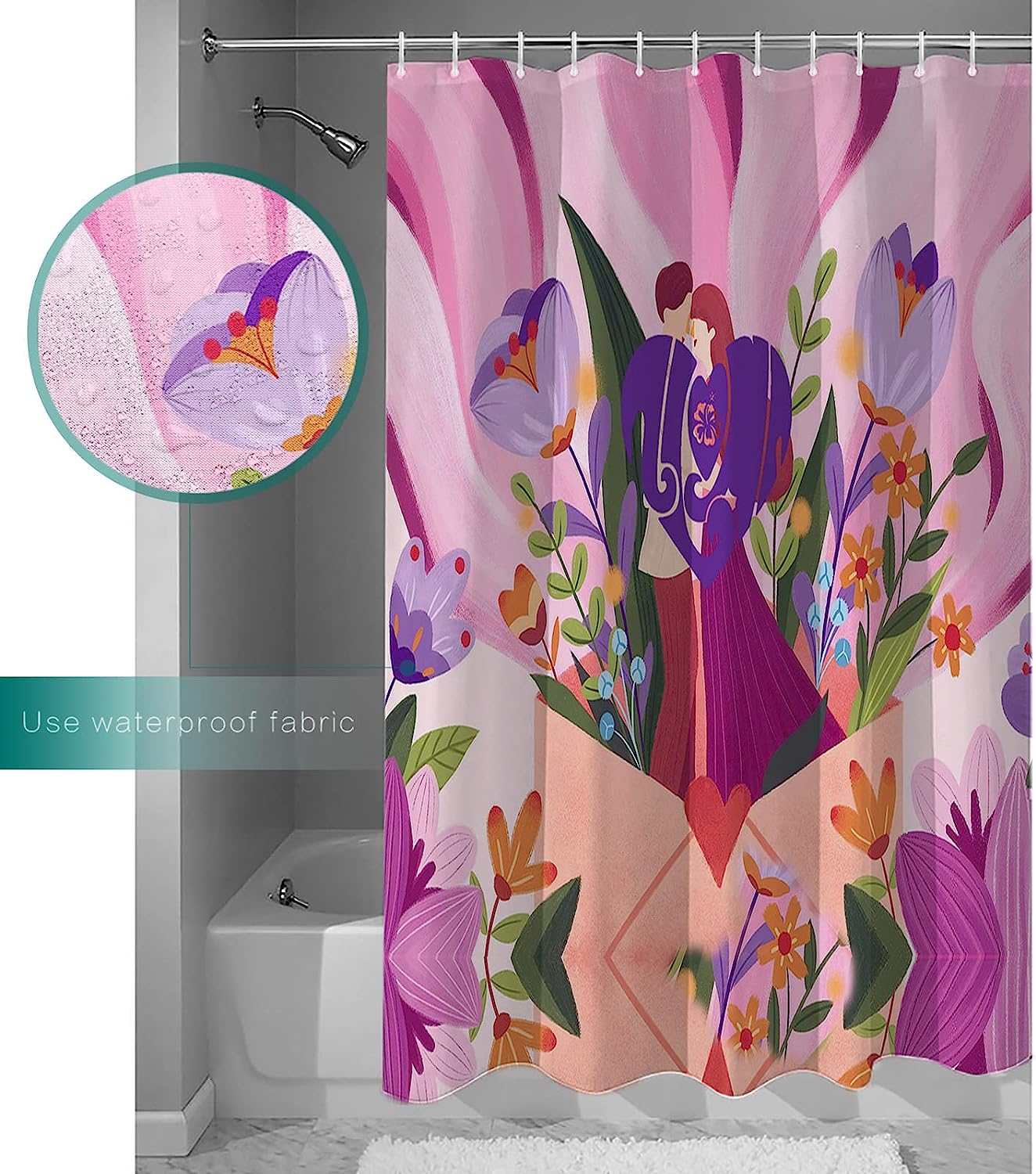 Purple Pink Summer Flowers Botanical Love Hearts Polyester Fabric Shower Curtain