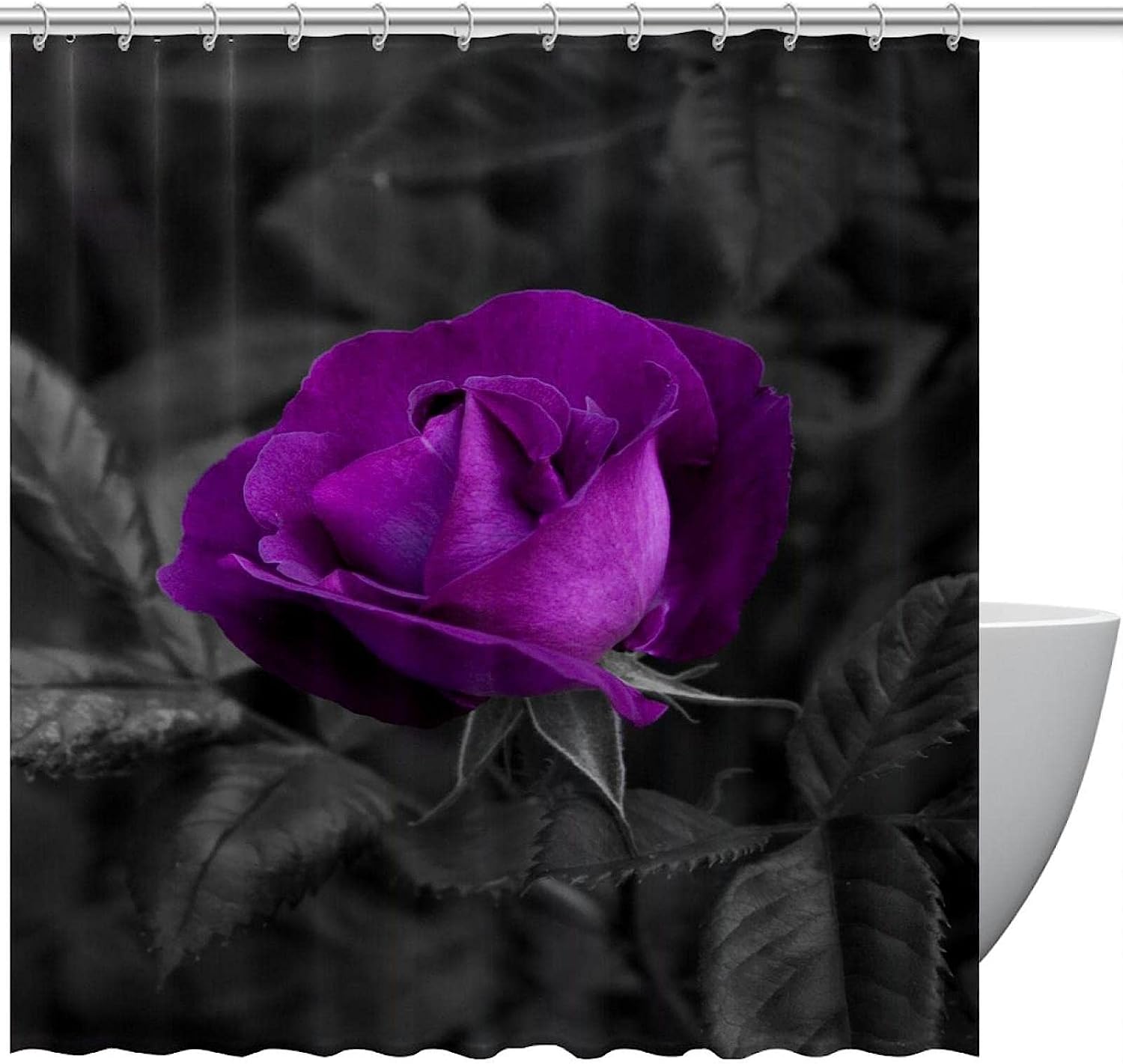 Purple Rose Flower Leaf Fabric Shower Curtain for Bathroom Decor