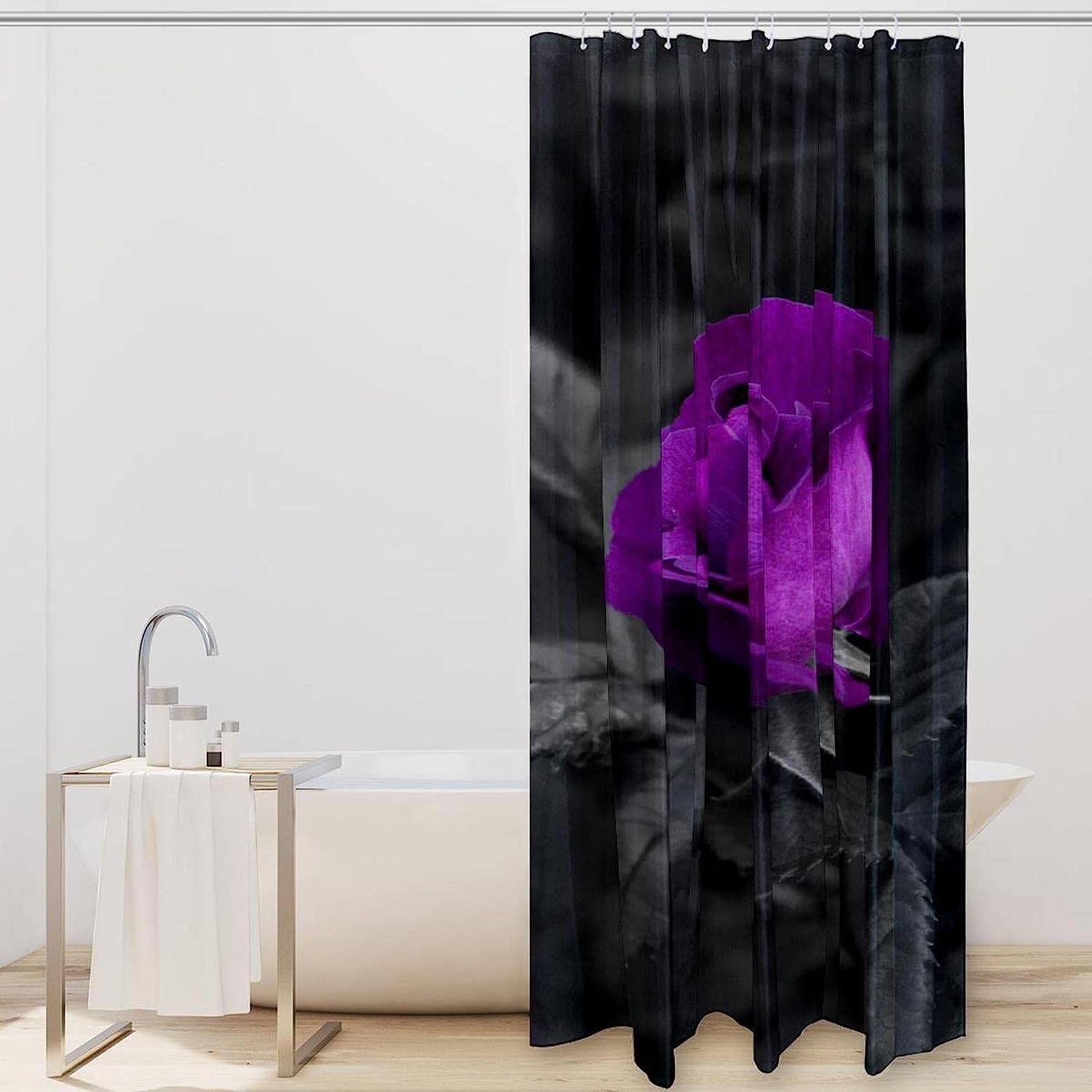 Purple Rose Flower Leaf Fabric Shower Curtain for Bathroom Decor