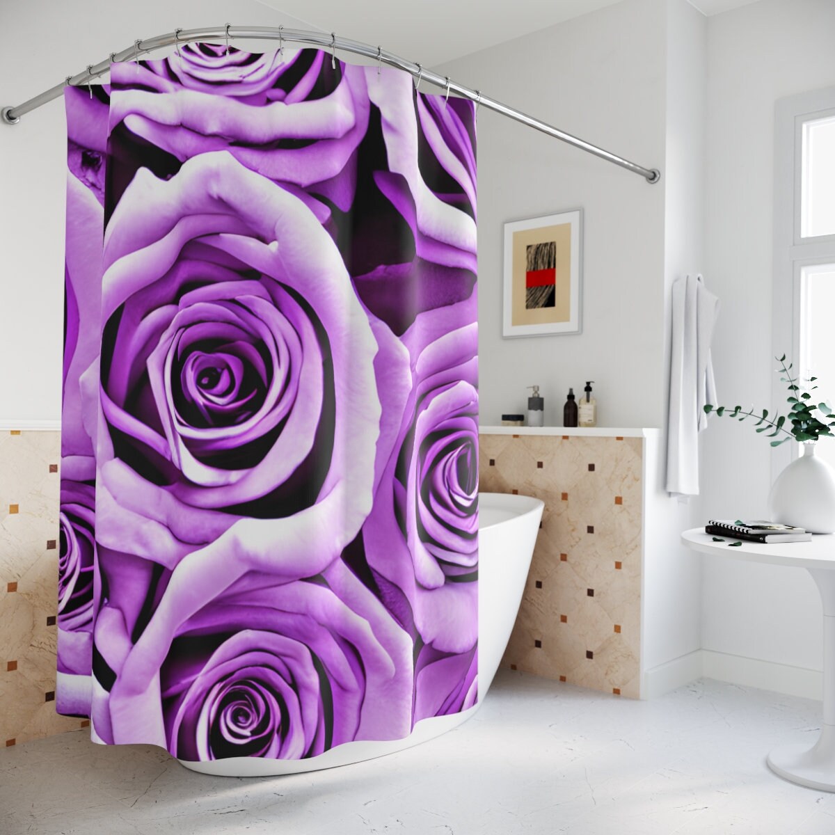 Purple Rose Flowers Shower Curtain, Romantic Floral Bathroom Decor